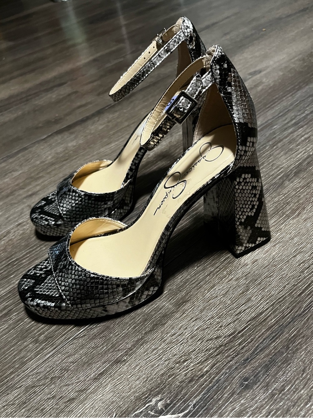 Jessica Simpson Black and Silver Snake-Print Ankle Strap Block Heels size 8.5
